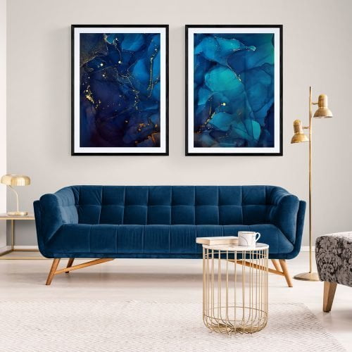 Blue Marble Abstract Print Set of 2 in black frames with mounts