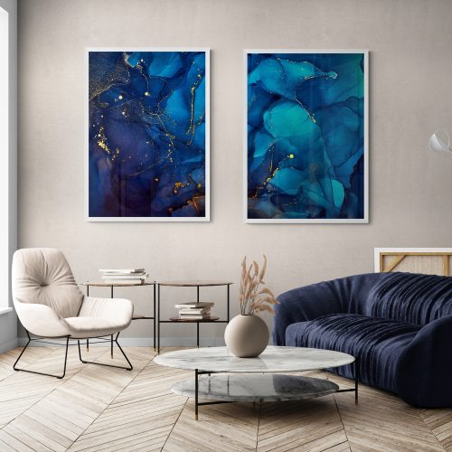 Blue Marble Abstract Print Set of 2 in white frames