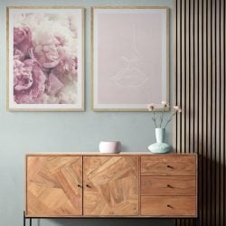 Roses and Line Art Print Set of 2 in natural wood frames with mounts