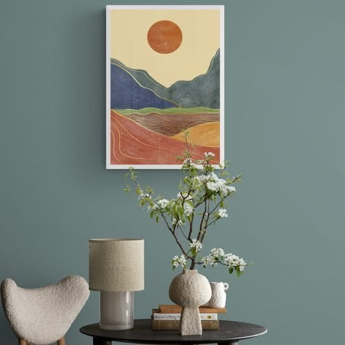 Boho Sunset Hills Art Print in white frame