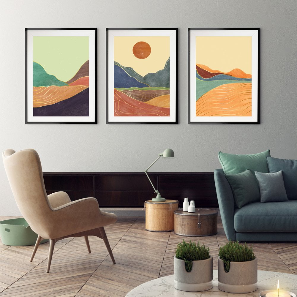 Mid Century Mountains Print Set of 3 in Black Frames with Mounts