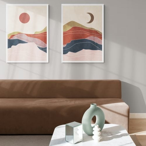 Boho Sun and Moon Print Set of 2 in white frames