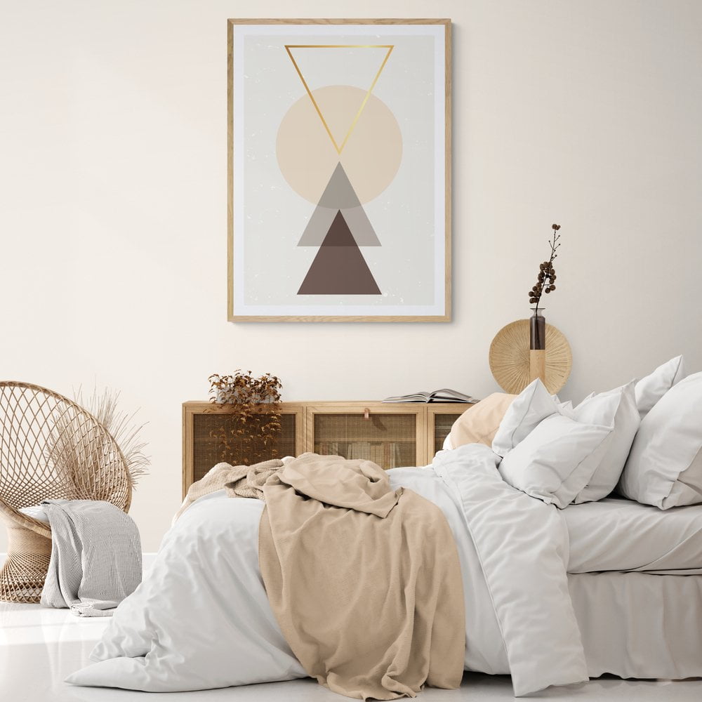 Neutral Geometric Triangle Art Print in natural wood frame with mount