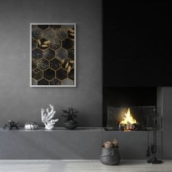 Black and Gold Hexagon Abstract Print in white frame