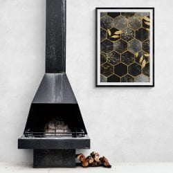 Black and Gold Hexagon Abstract Print in black frame with mount
