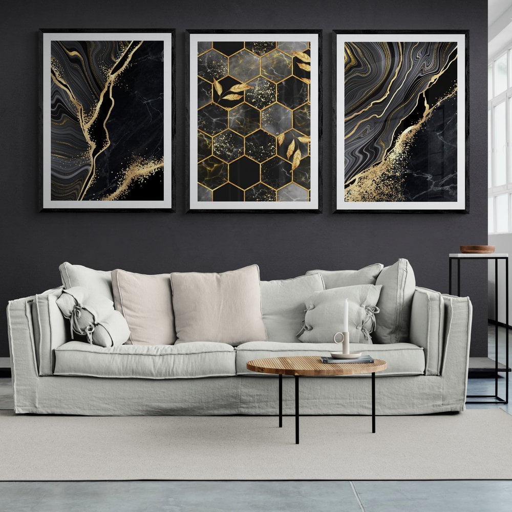 Abstract Black and Gold Print Set of 3 in black frames with mounts