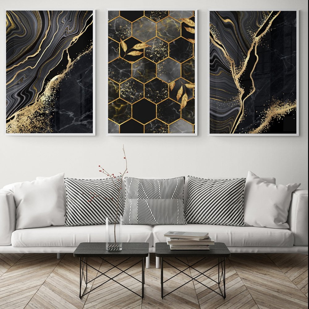 Abstract Black and Gold Print Set of 3 in white frames