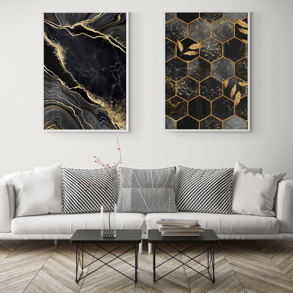 Abstract Black and Gold Print Set of 2 in white frame