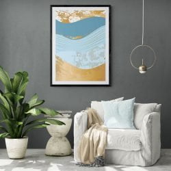 Abstract Light Blue Hills Print in black frame with mount