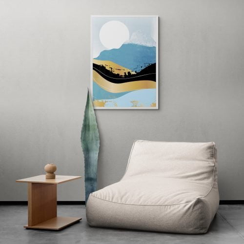 Moon and Mountains Abstract Print in white frame