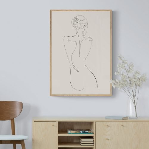 Female Sitting Line Art Print in natural wood frame