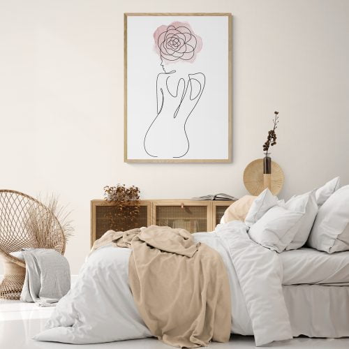 Watercolour Flower Woman Line Art Print in natural wood frame
