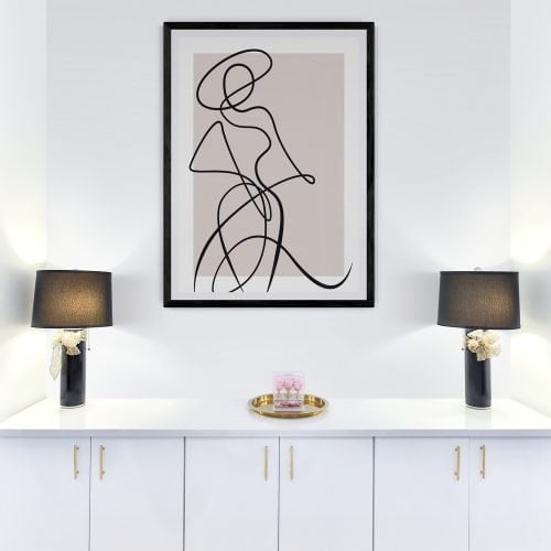 Dusky Pink Woman Line Art Print in black frame with mount