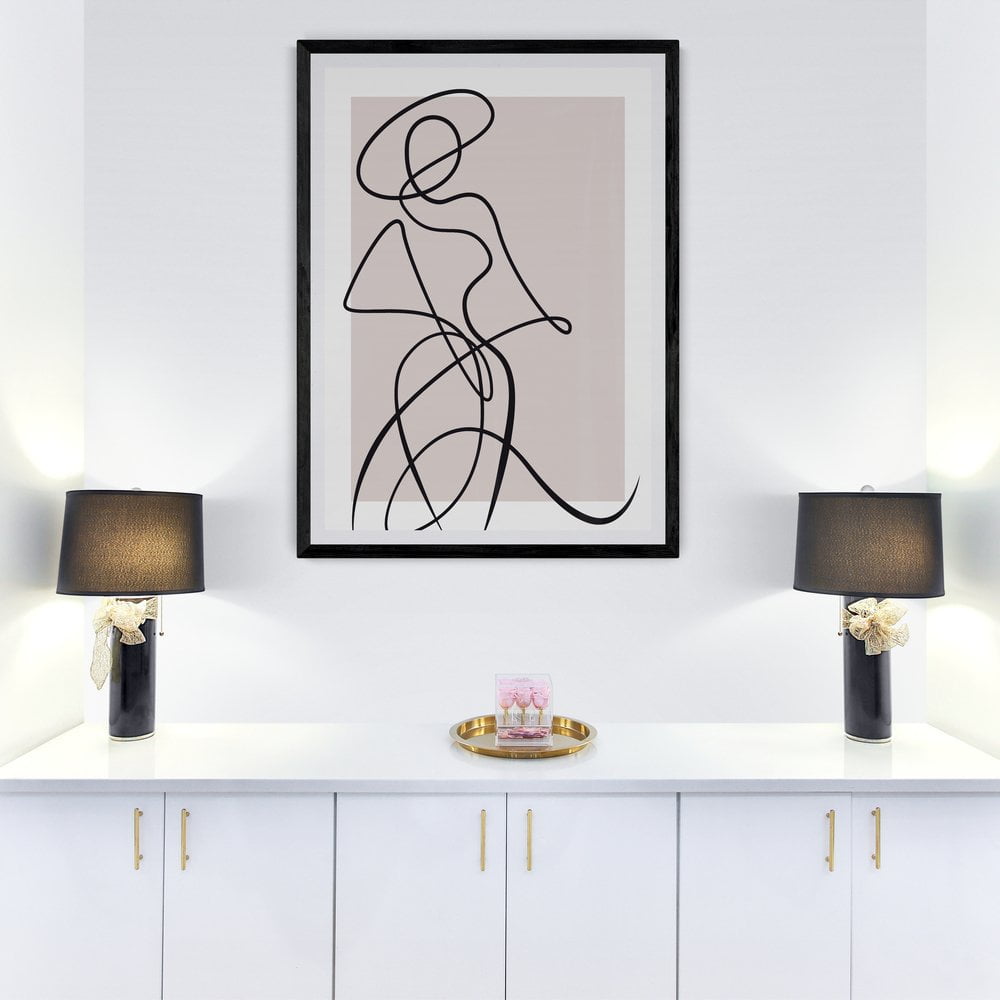 Dusky Pink Woman Line Art Print in black frame with mount
