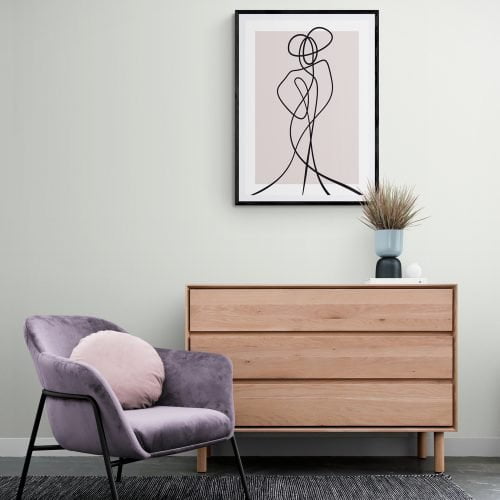 Dusky Pink Standing Woman Line Art Print in black frame with mount