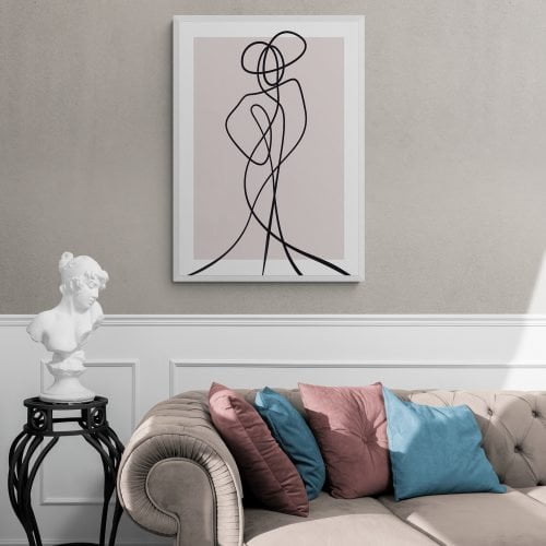 Dusky Pink Standing Woman Line Art Print in white frame
