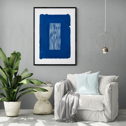 Blue and White Abstract Print in black frame with mount