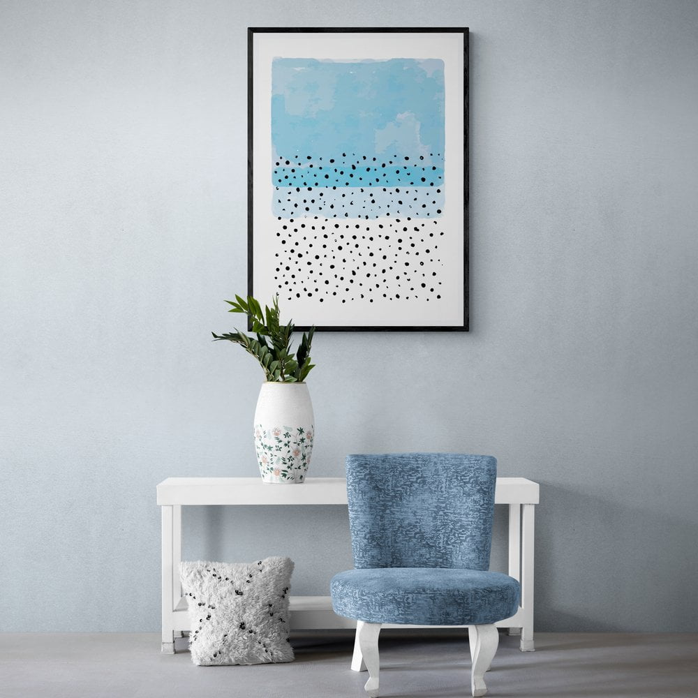 Blue Abstract Dots Art Print in black frame with mount