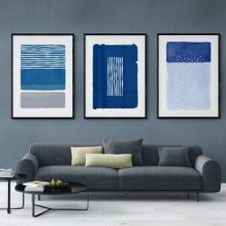 Abstract Blue and Grey Print Set of 3 in black frames with mounts