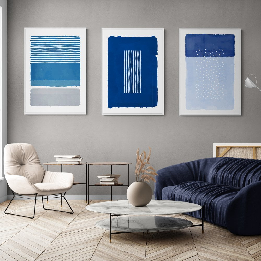 Abstract Blue and Grey Print Set of 3 in white frames