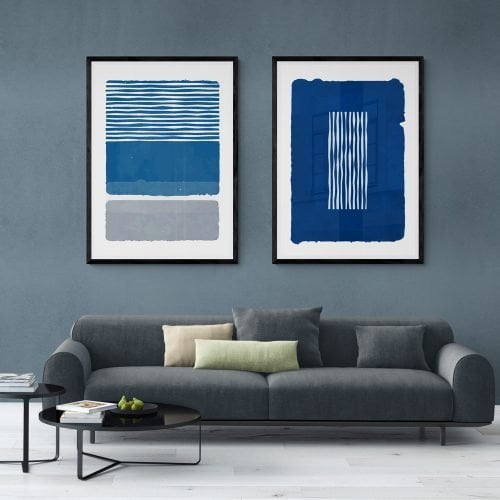 Blue and Grey Abstract Print Set of 2 in black frames