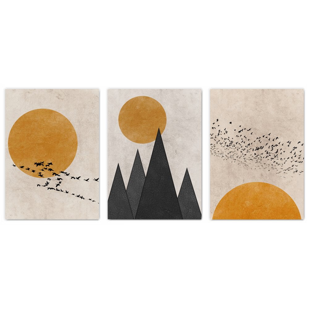 Sun Birds and Mountains Print Set of 3