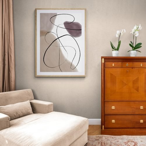 Neutral Abstract Line Art Print in natural wood frame with mount