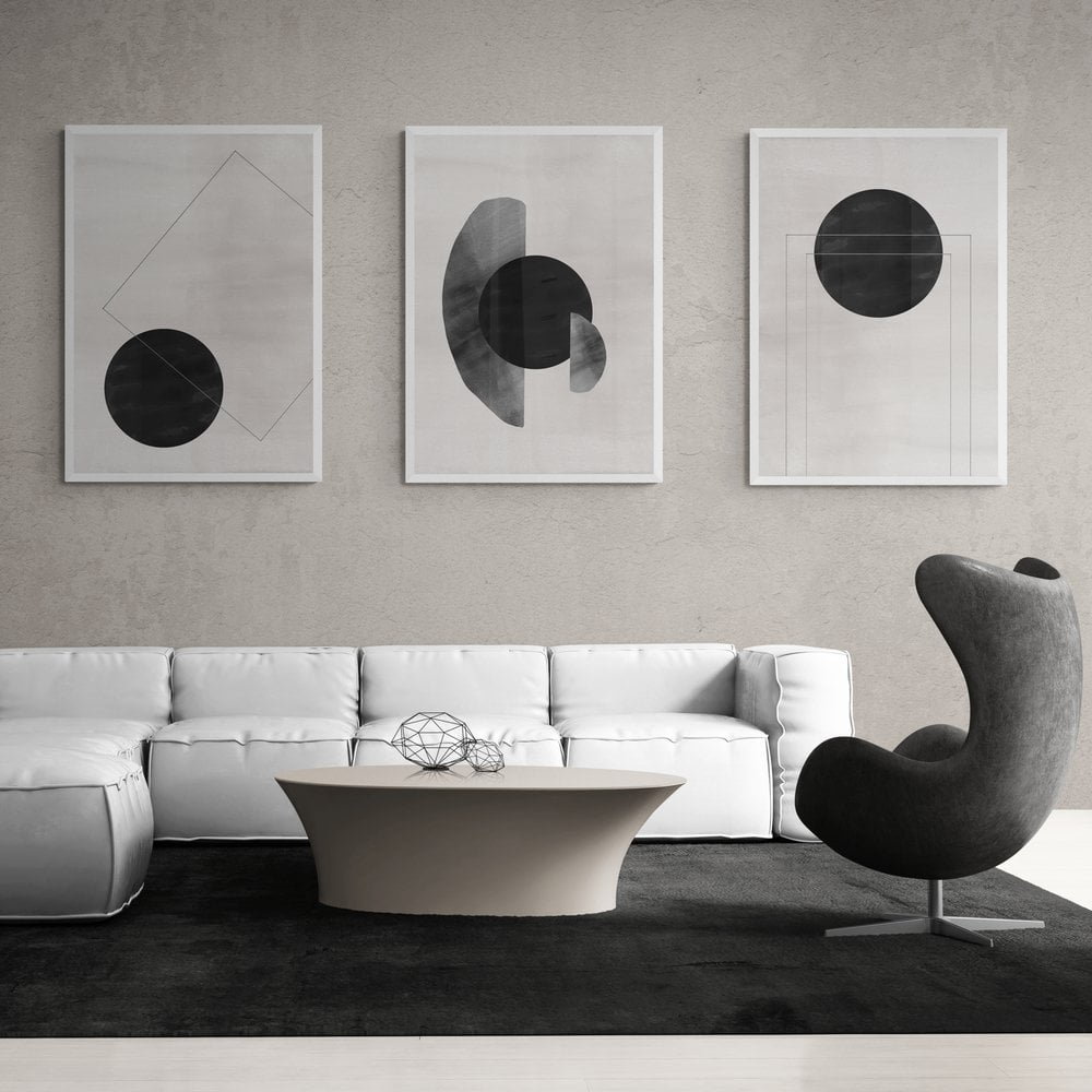 Grey Geometric Shapes Print Set of 3 in white frames