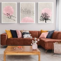 Pink Sun Silhouette Print Set Of 3 in white frames