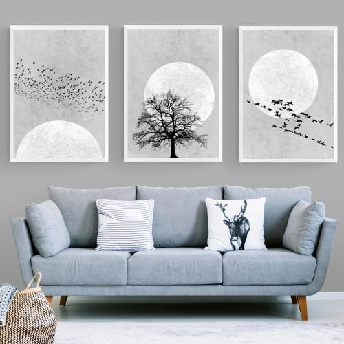 Grey Moon Silhouette Print Set Of 3 in white frames