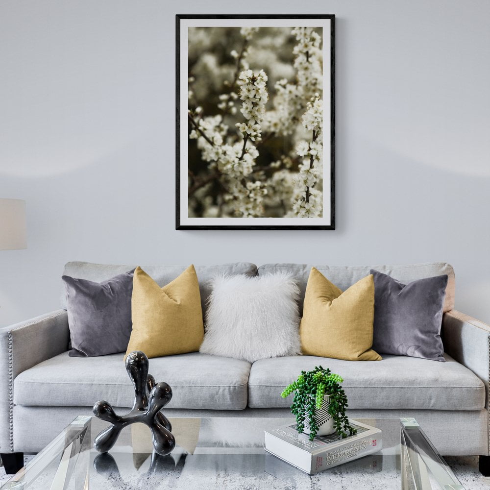 White Blossom Photography Print in black frame with mount