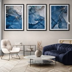 Abstract Blues Print Set of 3 in Black Frames with Mounts