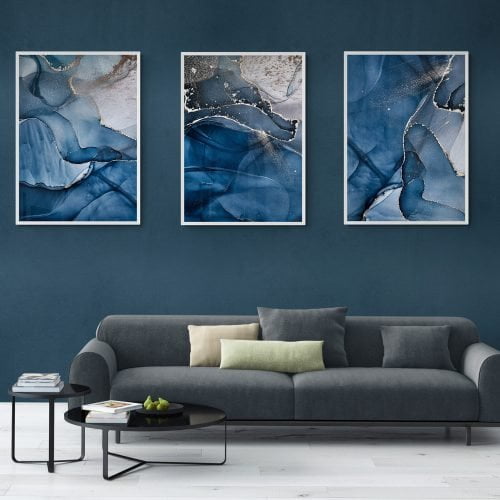 Abstract Blues Print Set of 3 in White Frames