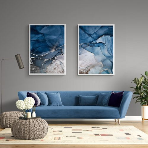 Abstract Blue Marble Print Set of 2 in white frames