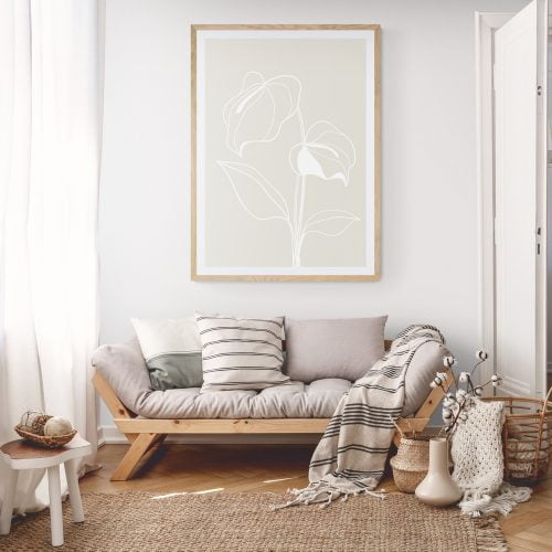 Calla Lily Line Art Print in natural wood frame with mount