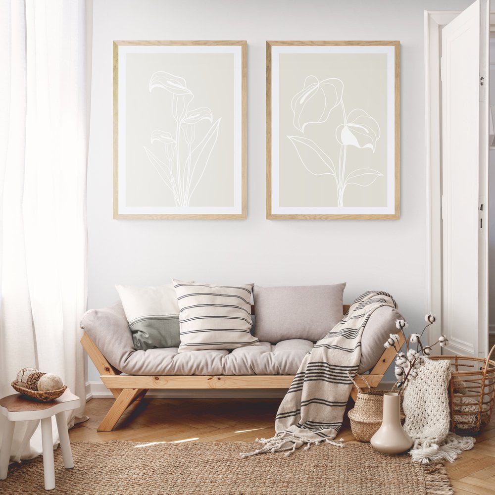 Lily Line Art Print Set of 2 in natural wood frames with mounts
