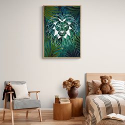 Geometric Lion Jungle Art Print in natural wood frame