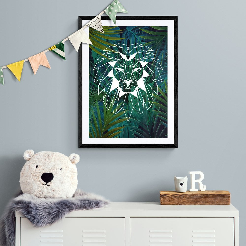 Geometric Lion Jungle Art Print in black frame with mount