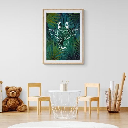 Geometric Giraffe Jungle Art Print in natural wood frame with mount