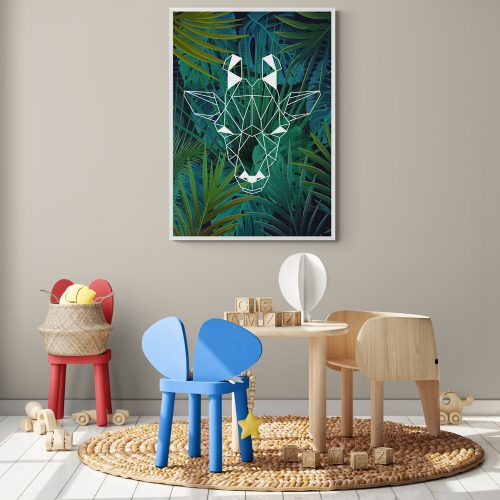 Geometric Giraffe Jungle Art Print in white frame