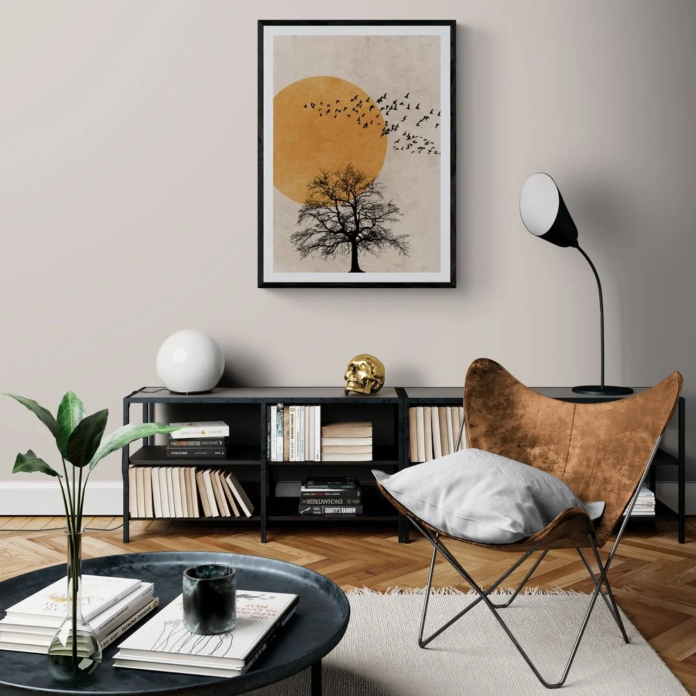 Orange Sun Tree Silhouette Print in a black frame with mount