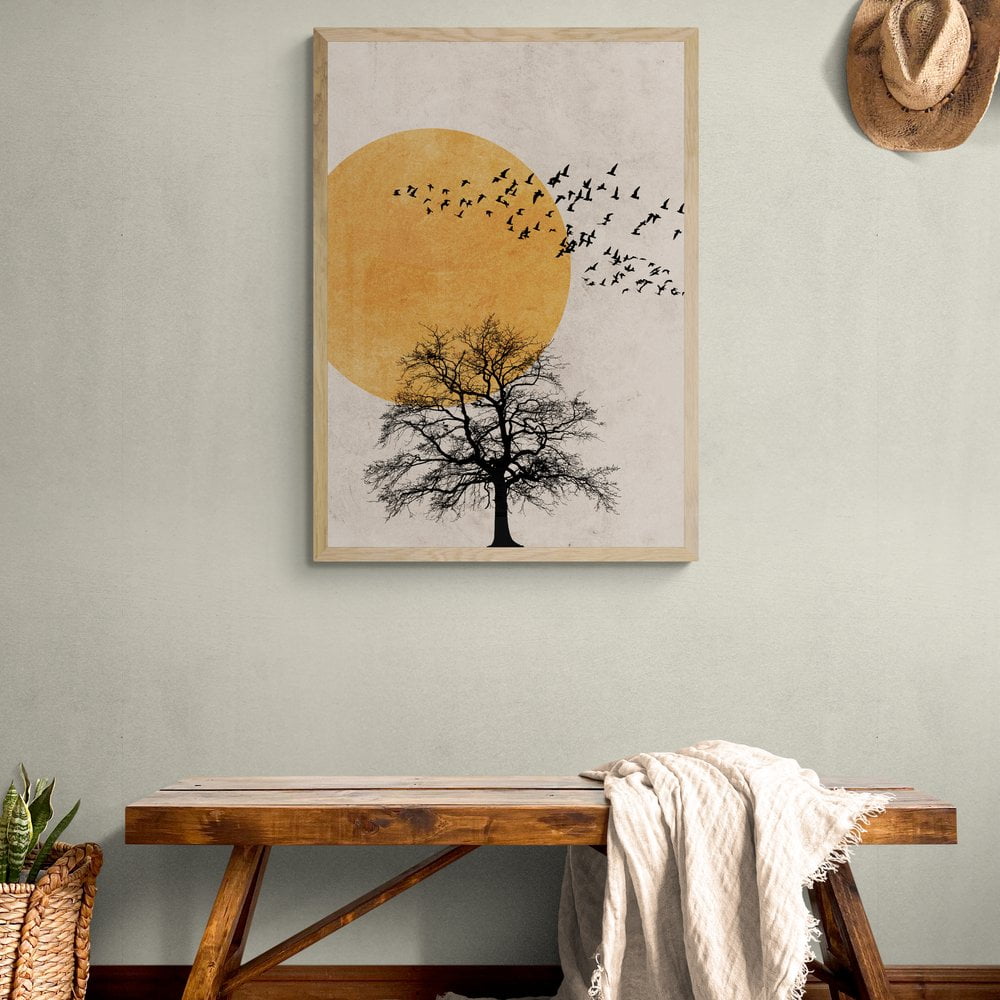 Orange Sun Tree Silhouette Print in a natural wood frame
