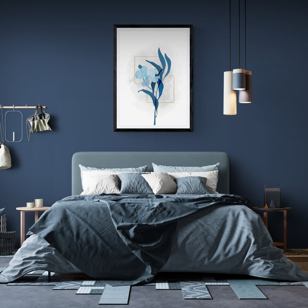 Blue Flower Wall Art Print in black frame with mount