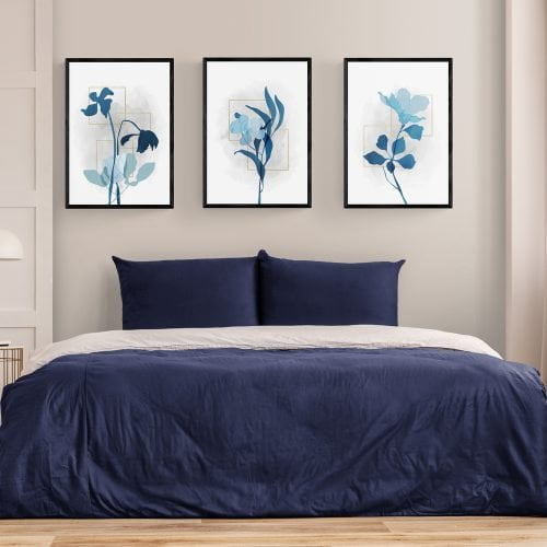 Blue Flowers Print Set of 3 in black frames
