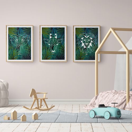 Jungle Animals Print Set of 3 in natural wood frames with mounts