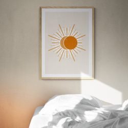 Boho Orange Sun Print in natural wood frame with mount