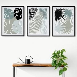 Abstract Tropical Leaves Print Set of 3 in black frames with mounts