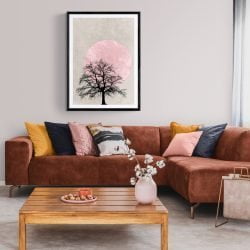 Pink Sun Tree Silhouette Print in black frame with mount