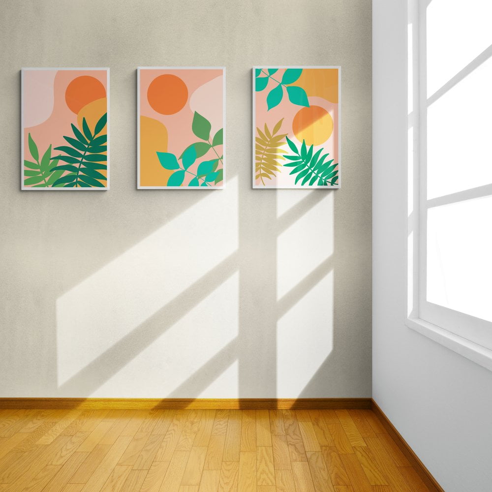 Colourful Boho Leaves Print Set of 3 in White Frames