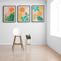 Colourful Boho Leaves Print Set of 3 in Black Frames with Mounts